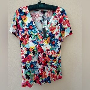 Cable & Gauge Multicolor Floral Twist-Front V-Neck Tunic